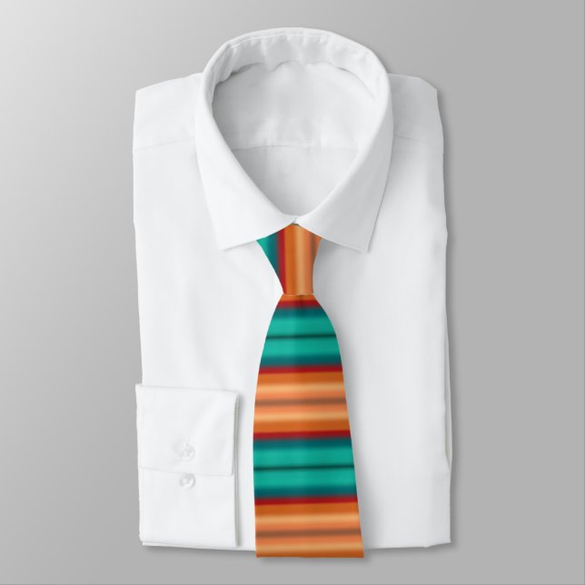 Southwestern Orange Red Turquoise Rainbow Stripes Neck Tie (Tied)