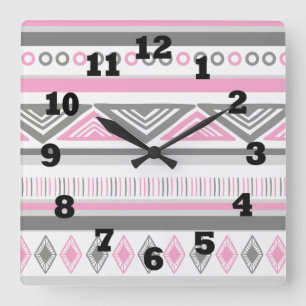 Southwestern Pink White and Gray Square Wall Clock