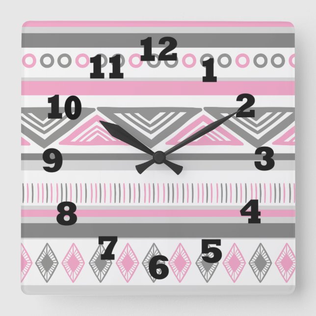 Southwestern Pink White and Gray Square Wall Clock (Front)