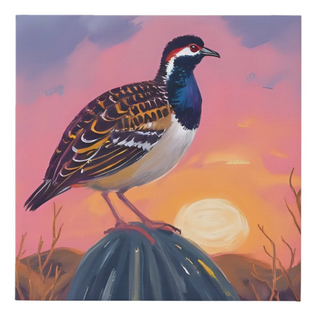 Southwestern Quail on Cactus at Sunset Faux Canvas Print (Front)
