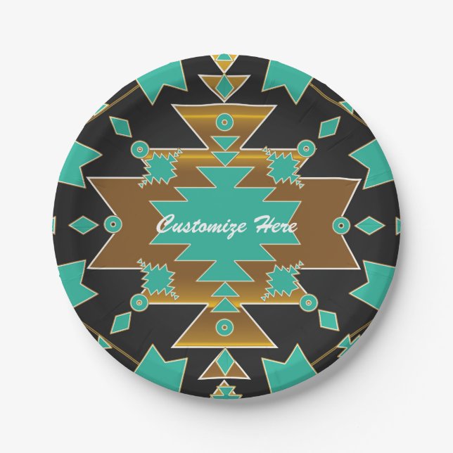 Southwestern Ranch Turquoise Black & Gold Party Paper Plates (Front)