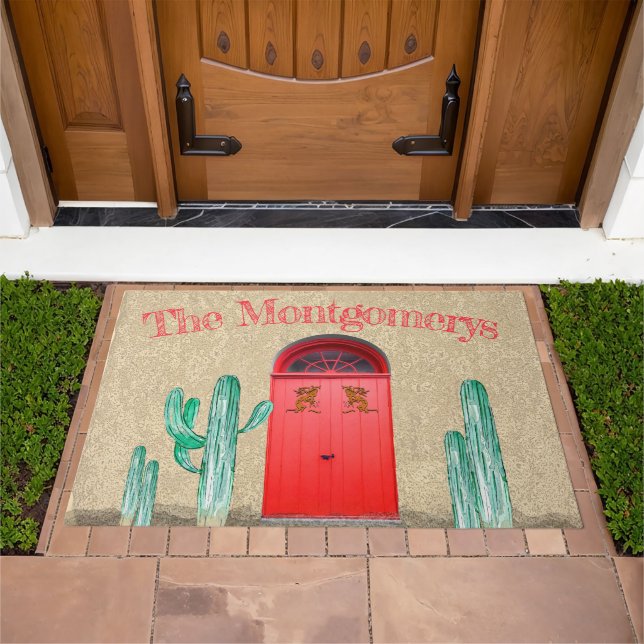 Southwestern Red Doors Saguaro Cactus Custom Doormat (Outdoor)
