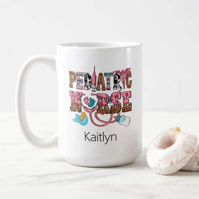 Southwestern Retro Pediatric Nurse Typography Coffee Mug (With Donut)