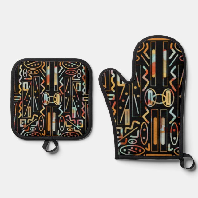 Southwestern Scratch Art Pattern  Oven Mitt & Pot Holder Set (Front)