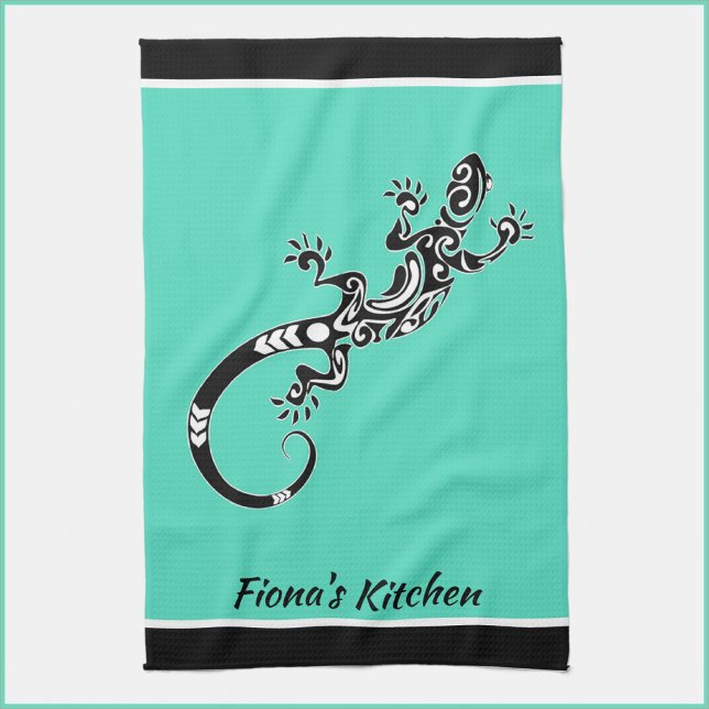Southwestern Sea Green and Black Gecko Kitchen Towel (Creator Uploaded)