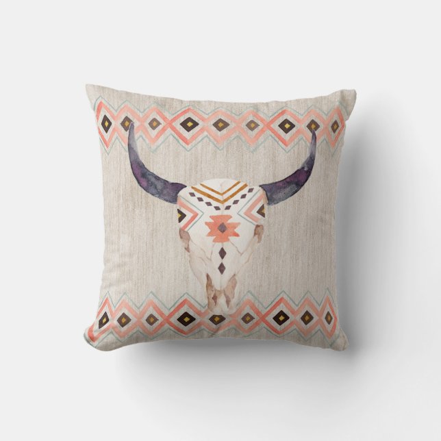Southwestern Steer Skull and Tribal Pattern Throw Pillow (Front)