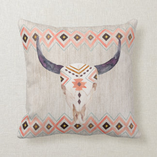 Southwestern Steer Skull and Tribal Pattern Throw Pillow