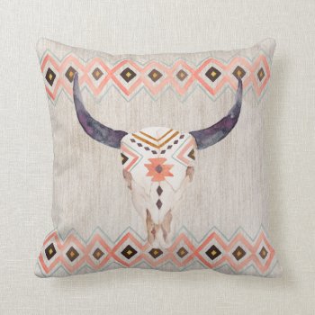 Southwestern Steer Skull And Tribal Pattern Throw Pillow by kitandkaboodle at Zazzle