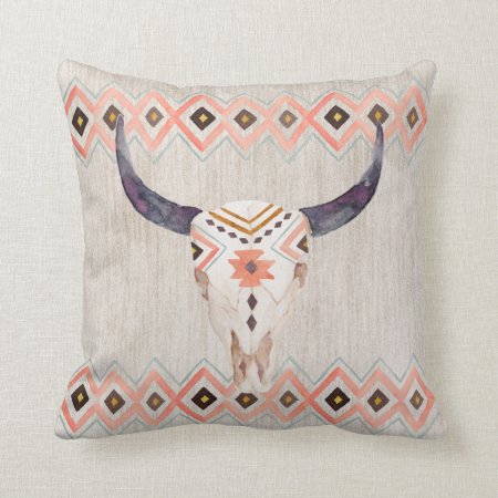 Southwestern Steer Skull And Tribal Pattern Throw Pillow