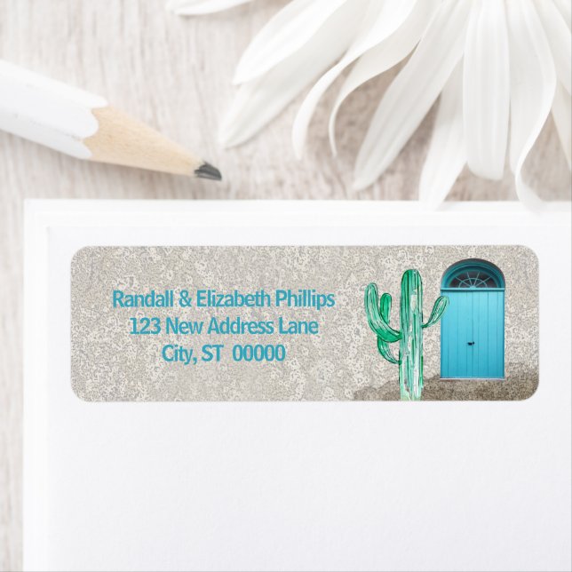 Southwestern Stucco Blue Doors Cactus Custom Label (Insitu)