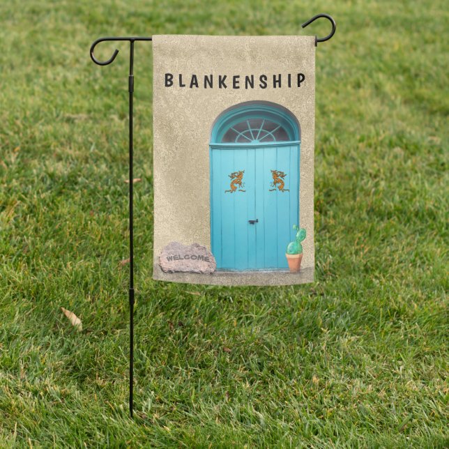Southwestern Stucco Blue Doors Kokopelli Cactus Garden Flag (In SItu)