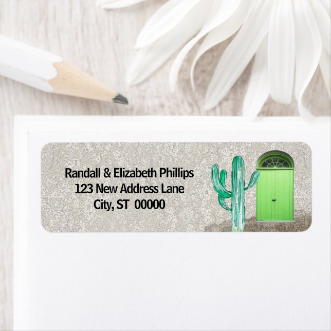 Southwestern Stucco Green Doors Saguaro Cactus Label (Insitu)