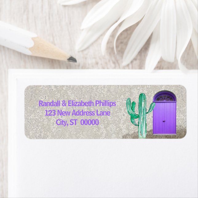 Southwestern Stucco Purple Doors Saguaro Cactus Label (Insitu)