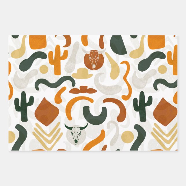 Southwestern style cowboy cactus bull skull  wrapping paper sheets (Front)