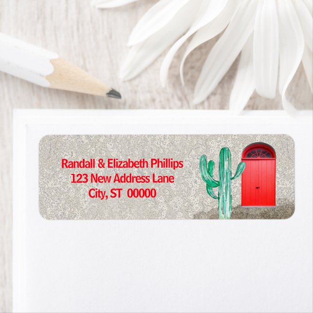 Southwestern Style Stucco Red Doors Saguaro Cactus Label (Insitu)