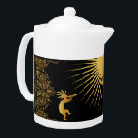 Southwestern Sun Kokopelli  Teapot<br><div class="desc">Southwestern Sun Kokopelli Teapot. Vivid gold Kokopelli teapot combination that you can customize background colors to match your taste. Kokopelli gold patterns Native American Indian cultures. Attributed to ancient aliens or tribal art and inspired by cave and rock drawings. Customize your Southwestern Style Native American teapot colors and images. Great...</div>