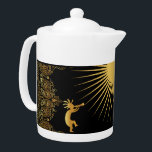 Southwestern Sun Kokopelli  Teapot<br><div class="desc">Southwestern Sun Kokopelli Teapot. Vivid gold Kokopelli teapot combination that you can customize background colors to match your taste. Kokopelli gold patterns Native American Indian cultures. Attributed to ancient aliens or tribal art and inspired by cave and rock drawings. Customize your Southwestern Style Native American teapot colors and images. Great...</div>