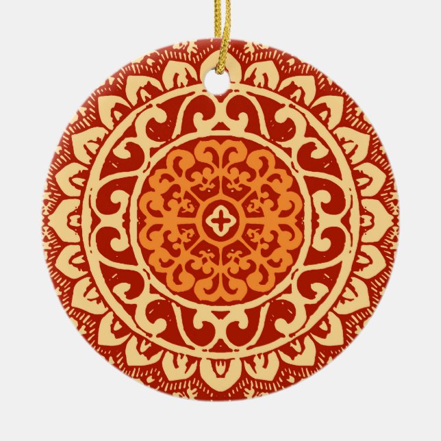 Southwestern Sun Mandala Batik, Coral Orange   Ceramic Ornament (Front)