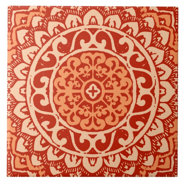Southwestern Sun Mandala Batik, Coral Orange Tile (Front)