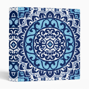 Southwestern Sun Mandala Batik, Navy Blue & White 3 Ring Binder