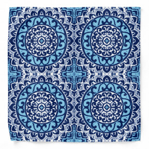 Southwestern Sun Mandala Batik, Navy Blue & White Bandana