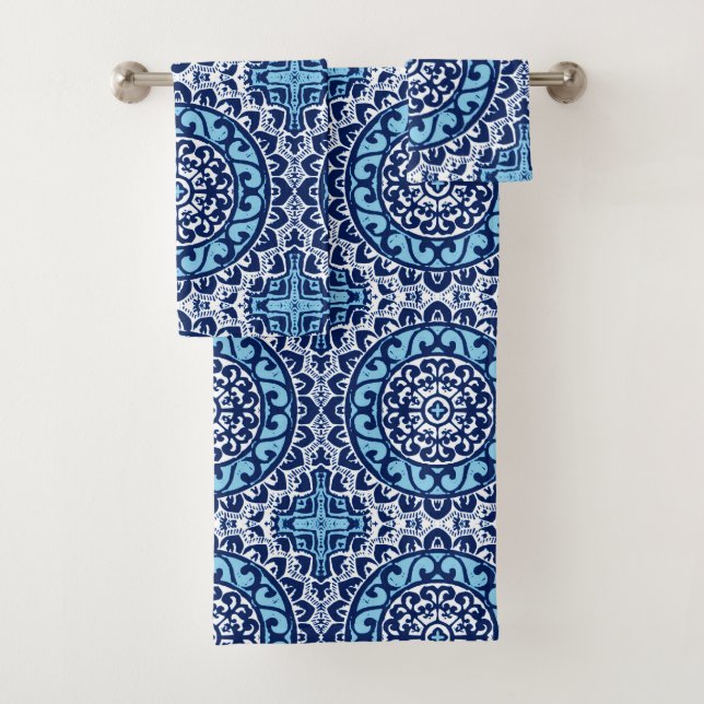 Southwestern Sun Mandala Batik, Navy Blue & White Bath Towel Set (Insitu)
