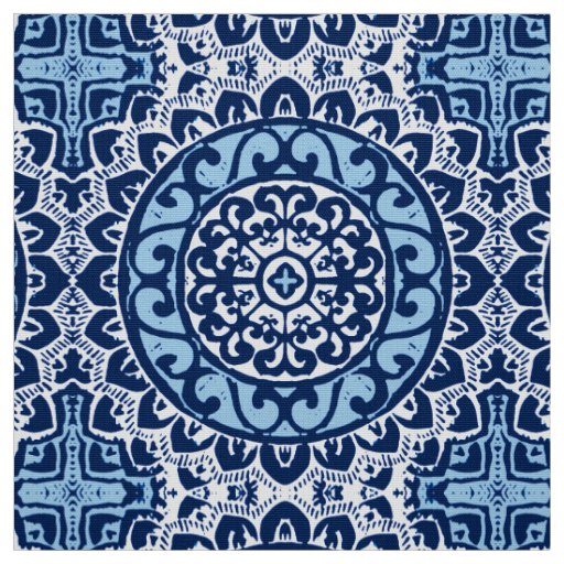 Southwestern Sun Mandala Batik, Navy Blue & White Fabric | Zazzle