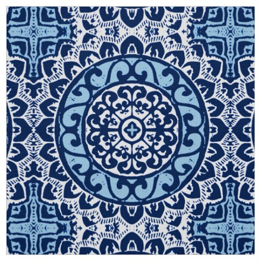 Southwestern Sun Mandala Batik, Navy Blue & White Fabric