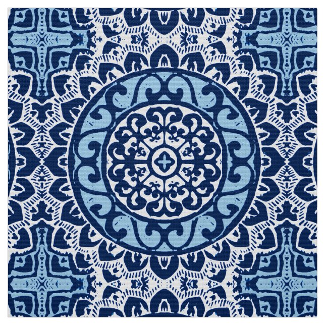 Southwestern Sun Mandala Batik, Navy Blue & White Fabric (Swatch)