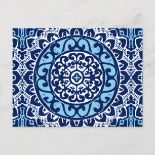 Southwestern Sun Mandala Batik, Navy Blue & White Postcard
