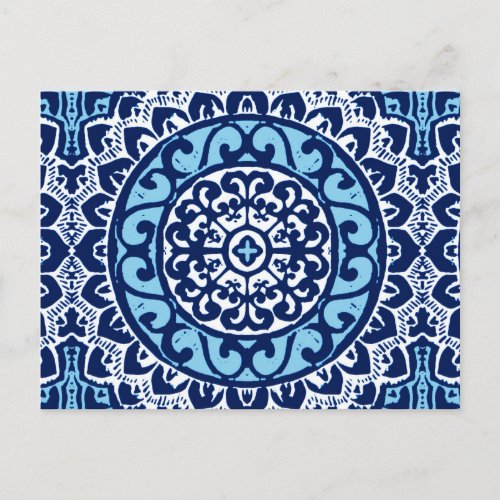 Southwestern Sun Mandala Batik Navy Blue  White Postcard