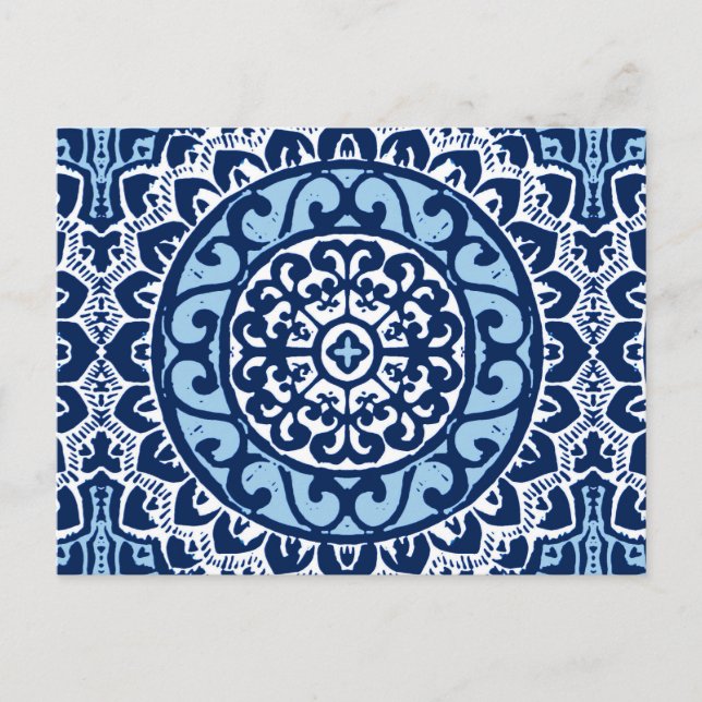 Southwestern Sun Mandala Batik, Navy Blue & White Postcard (Front)