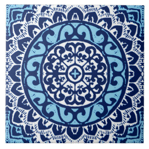 Southwestern Sun Mandala Batik, Navy Blue & White Tile