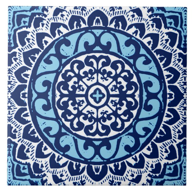 Southwestern Sun Mandala Batik, Navy Blue & White Tile (Front)