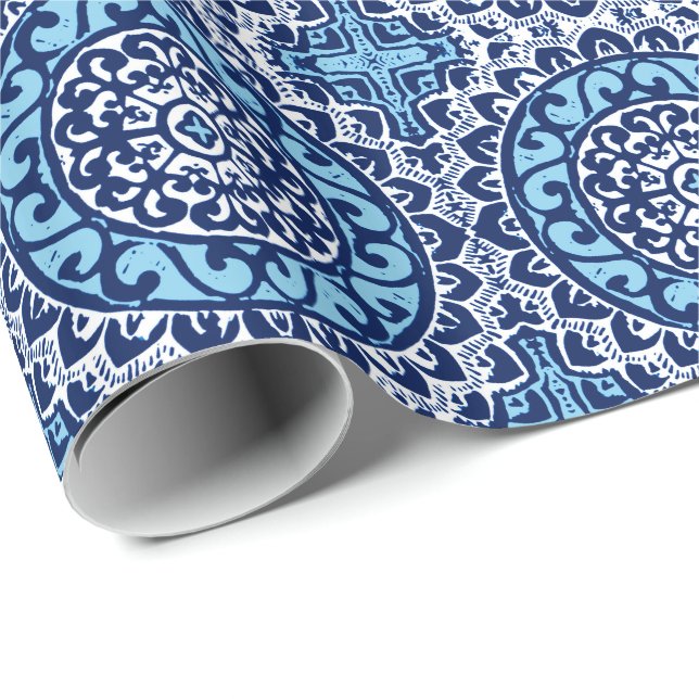 Southwestern Sun Mandala Batik, Navy Blue & White Wrapping Paper (Roll Corner)