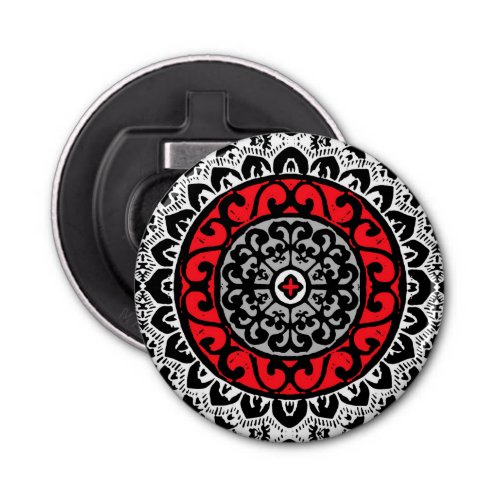 Southwestern Sun Mandala Batik Red Black  White Bottle Opener