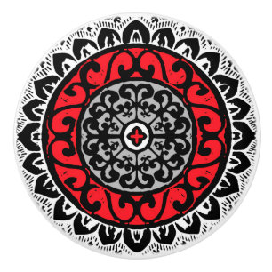 Southwestern Sun Mandala Batik, Red, Black & White Ceramic Knob