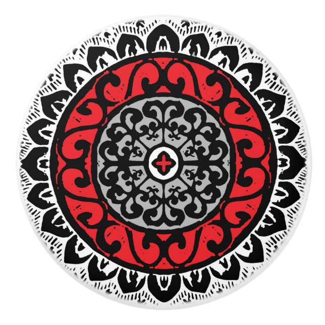 Southwestern Sun Mandala Batik, Red, Black & White Ceramic Knob (Front)