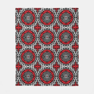 Southwestern Sun Mandala Batik, Red, Black & White Fleece Blanket