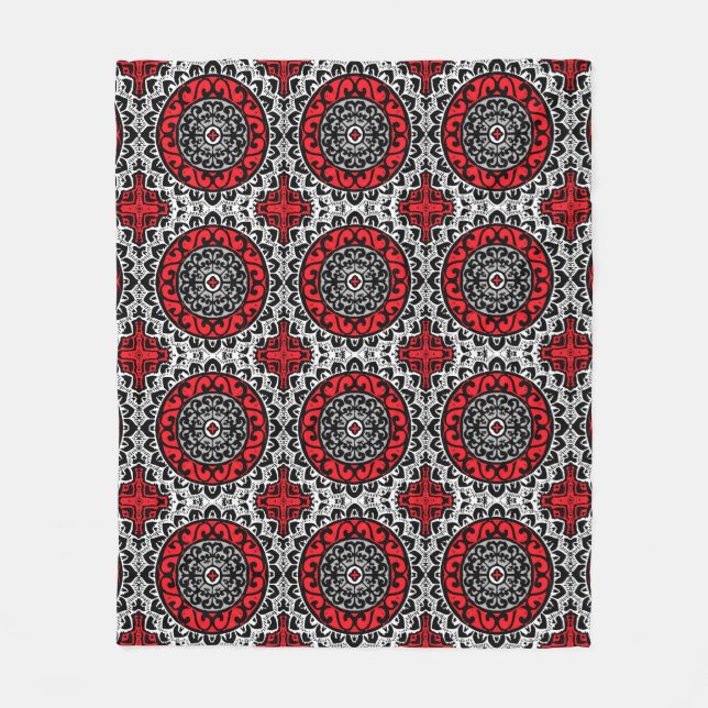 Southwestern Sun Mandala Batik, Red, Black & White Fleece Blanket (Front)