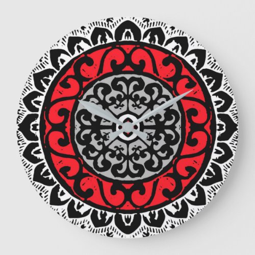 Southwestern Sun Mandala Batik Red Black  White Large Clock