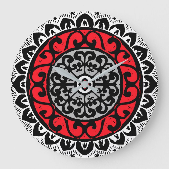 Southwestern Sun Mandala Batik, Red, Black & White Large Clock (Front)