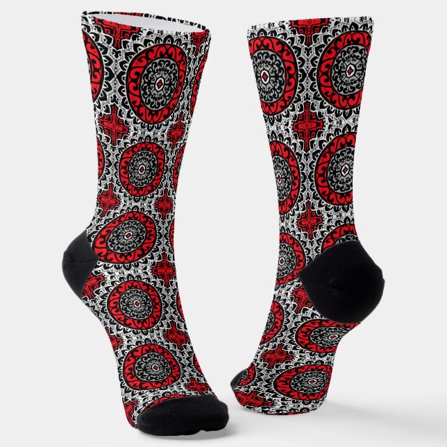 Southwestern Sun Mandala Batik, Red, Black & White Socks (Angled)