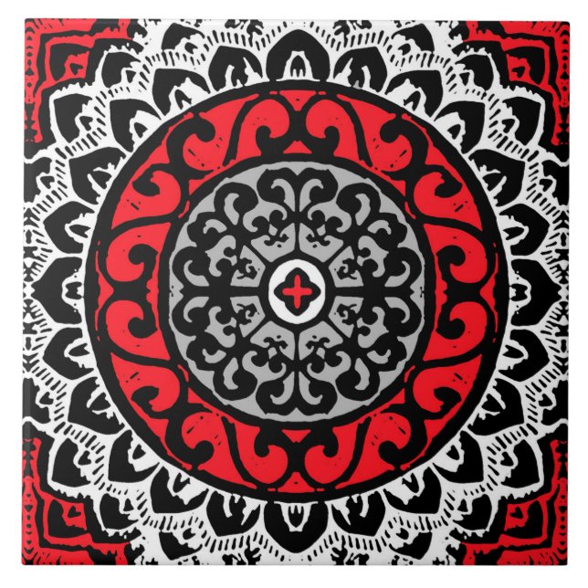 Southwestern Sun Mandala Batik, Red, Black & White Tile (Front)