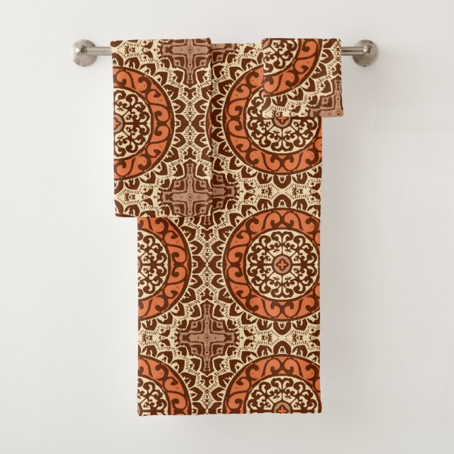 Southwestern Sun Mandala Batik, Rust & Brown Bath Towel Set (Insitu)