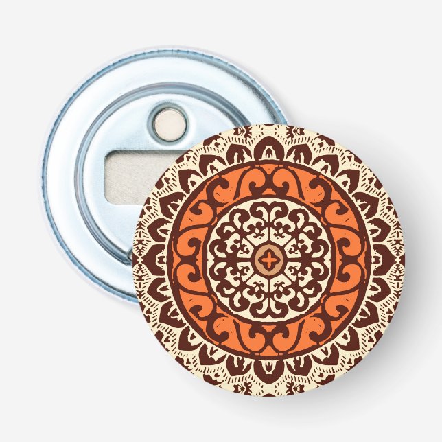 Southwestern Sun Mandala Batik, Rust & Brown Bottle Opener (Front)