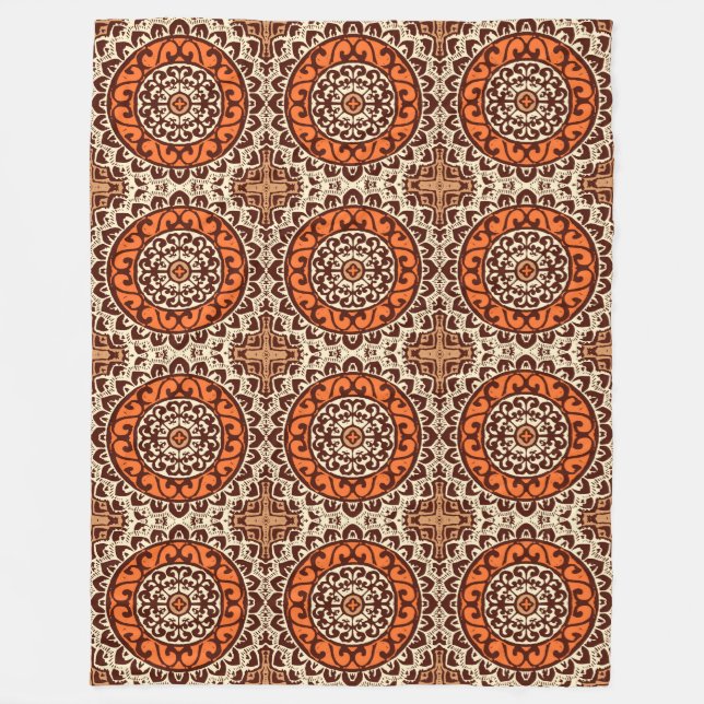 Southwestern Sun Mandala Batik, Rust & Brown Fleece Blanket (Front)