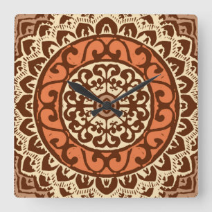 Southwestern Sun Mandala Batik, Rust & Brown Square Wall Clock