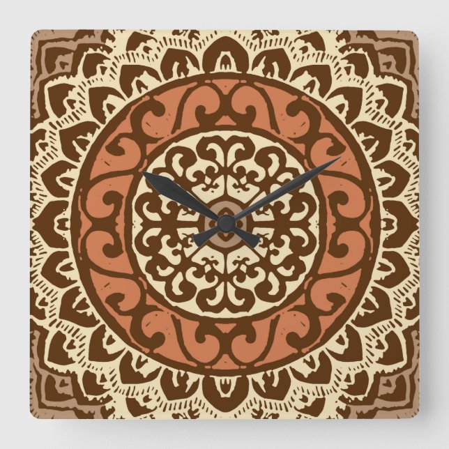 Southwestern Sun Mandala Batik, Rust & Brown Square Wall Clock (Front)
