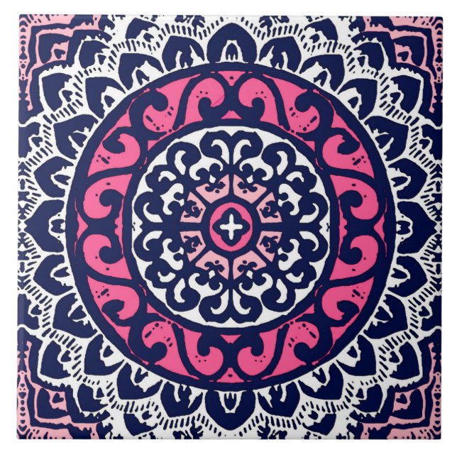 Southwestern Sun Mandala, Fuchsia, Navy & White Ceramic Tile (Front)